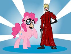 Size: 882x666 | Tagged: source needed, safe, artist:shutterflye, pinkie pie, earth pony, human, pony, abstract background, crossover, groucho mask, gun, seems legit, trigun, vash the stampede, weapon