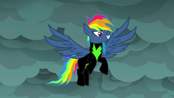 Size: 1280x720 | Tagged: safe, derpibooru import, edit, edited screencap, screencap, evil pie hater dash, rainbow dash, pegasus, pony, secrets and pies, the washouts (episode), clothes, cloud, female, mare, overcast, solo, spread wings, uniform, washouts uniform, wings