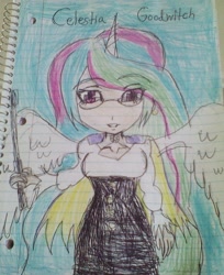 Size: 1564x1920 | Tagged: safe, artist:rwbyrebirthfantasy, princess celestia, hybrid, equestria girls, breasts, crossover, female, fusion, glasses, glynda goodwitch, horn, horned humanization, humanized, lined paper, riding crop, rooster teeth, rwby, solo, teacher, traditional art, winged humanization, wings