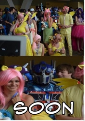 Size: 679x960 | Tagged: safe, discord, fluttershy, rarity, bronycon, cosplay, irl, optimus prime, photo, photobomb, soon, transformers