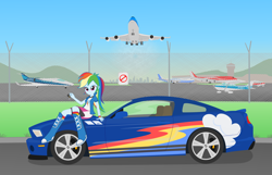 Size: 3100x2000 | Tagged: safe, artist:algoorthviking, derpibooru import, rainbow dash, equestria girls, aircraft, airport, boeing 747, car, cessna 172, ford, ford mustang, klm, plane, solo, supercar