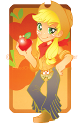 Size: 673x1052 | Tagged: safe, artist:exiledchaos, applejack, human, apple, bandana, belt buckle, chaps, chibi, humanized, solo