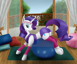 Size: 1350x1125 | Tagged: safe, artist:szafir87, rarity, pony, unicorn, bedroom eyes, bra on pony, clothes, headband, midriff, plot, shorts, solo, sports bra, workout outfit, yoga pants