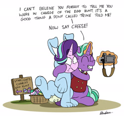 Size: 2189x2040 | Tagged: safe, artist:bobthedalek, firelight, starlight glimmer, pony, unicorn, animal costume, bunny costume, camera, clothes, costume, easter, easter egg, father and child, father and daughter, fathers gonna father, female, holiday, implied trixie, inconvenient trixie, levitation, magic, male, parent and child, telekinesis, this will end in tears, this will not end well
