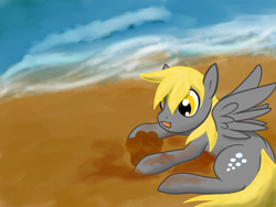 Size: 1400x1050 | Tagged: safe, artist:twilightwolf91, derpy hooves, beach, food, muffin, ocean, sand, solo