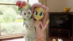 Size: 3840x2160 | Tagged: safe, artist:efk-san, derpibooru import, fluttershy, rainbow dash, equestria girls, 3d, asdfmovie, blender cycles, blushing, clothes, cute, dashabetes, duo, female, indoors, looking at you, mine turtle, open mouth, shyabetes, smiling, television, tripod, wallpaper, window