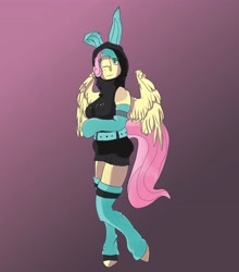 Size: 3593x4092 | Tagged: safe, artist:firebird145, fluttershy, anthro, pegasus, breasts, bunny ears, clothes, costume, dangerous mission outfit, female, hoodie, hootershy, looking at you, solo
