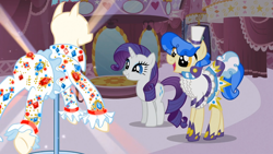 Size: 1366x768 | Tagged: safe, screencap, rarity, sapphire shores, pony, unicorn, a dog and pony show, nudie suit
