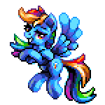 Size: 150x150 | Tagged: safe, artist:pix3m, derpibooru import, rainbow dash, pegasus, pony, flying, forelegs crossed, looking at you, pixel art, simple background, solo, sprite, transparent background
