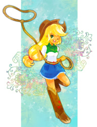 Size: 534x700 | Tagged: safe, artist:fuyuse leka, applejack, equestria girls, lasso, one eye closed, pixiv, solo