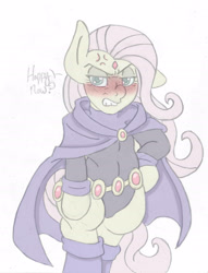 Size: 2077x2713 | Tagged: safe, artist:blackbewhite2k7, fluttershy, pony, bipedal, blushing, cloak, clothes, cosplay, costume, flutterbitch, leotard, raven (teen titans), simple background, sketch, solo, teen titans, white background, wide hips, wip