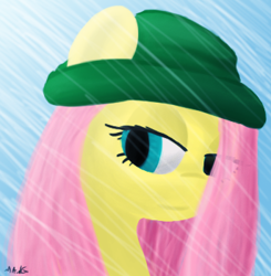 Size: 343x350 | Tagged: safe, artist:mang, fluttershy, pegasus, pony, alternate hairstyle, beanie, bust, hat, portrait, profile, snow, snowfall, solo