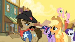 Size: 1365x768 | Tagged: safe, screencap, applejack, fluttershy, rarity, sheriff silverstar, twilight sparkle, earth pony, pegasus, pony, unicorn, over a barrel