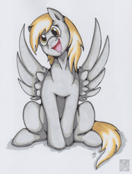 Size: 2158x2839 | Tagged: safe, artist:stormblaze-pegasus, derpy hooves, pegasus, pony, female, mare, open mouth, signature, simple background, sitting, smiling, solo, spread wings, traditional art, white background, wings