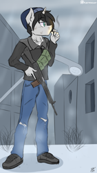 Size: 422x750 | Tagged: safe, artist:fleet-wing, oc, oc only, oc:jack rabbit, anthro, cigarette, clothes, gun, h&k g3, sketch, smoking, solo, weapon