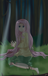 Size: 1752x2771 | Tagged: safe, artist:w-lanier, fluttershy, human, barefoot, feet, forest, humanized, solo