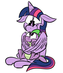 Size: 600x700 | Tagged: dead source, safe, artist:karpet-shark, derpibooru import, spike, twilight sparkle, twilight sparkle (alicorn), alicorn, dragon, pony, baby, baby dragon, cute, fangs, female, floppy ears, four-limbed hug, horn, hug, hug from behind, karpet-shark is gonna kill us all, looking at each other, male, mama twilight, mare, simple background, smiling, spikabetes, spikelove, tumblr, twily-daily, white background, wing cocoon, winghug, wings