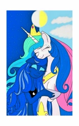 Size: 510x815 | Tagged: safe, artist:theroyalprincesses, princess celestia, princess luna, alicorn, pony, eyes closed, floppy ears, hug, sisters, smiling