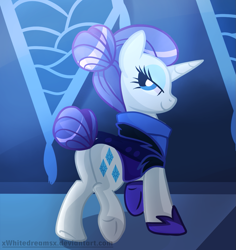 Size: 1175x1244 | Tagged: safe, artist:xwhitedreamsx, rarity, pony, unicorn, the cutie re-mark, alternate timeline, bedroom eyes, clothes, female, looking at you, mare, night maid rarity, nightmare takeover timeline, plot, smiling, solo, underhoof