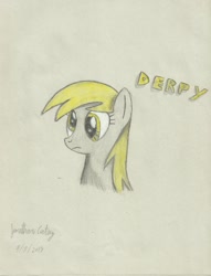 Size: 1675x2192 | Tagged: safe, artist:jonathancortez-66, derpy hooves, pegasus, pony, blonde mane, female, gray coat, mare, solo, traditional art, wings