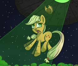 Size: 900x765 | Tagged: safe, artist:manicpanda, applejack, alien, earth pony, pony, abduction, alien abduction, flailing, hat, solo, ufo