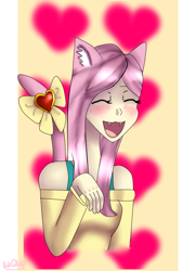 Size: 967x1339 | Tagged: dead source, safe, artist:oxana-ice-k-p, fluttershy, human, cat ears, cat tail, fangs, fluttercat, humanized, solo