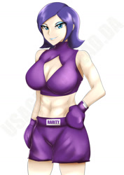 Size: 1024x1446 | Tagged: safe, artist:usagiforehead, rarity, human, abs, bedroom eyes, boxing, boxing gloves, breasts, cleavage, eyeshadow, female, fit, humanized, lipstick, makeup, raritits, solo, trunks