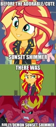 Size: 500x1138 | Tagged: safe, edit, edited screencap, screencap, sunset satan, sunset shimmer, better together, equestria girls, equestria girls (movie), rollercoaster of friendship, before and after, caption, crown, cute, geode of empathy, jewelry, necklace, regalia, sharp teeth, smiling, teeth