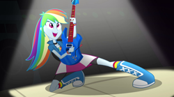 Size: 1280x714 | Tagged: safe, derpibooru import, screencap, rainbow dash, equestria girls, rainbow rocks, awesome as i wanna be, awesome as i want to be, cute, dashabetes, guitar, happy, smiling, spotlight, stage