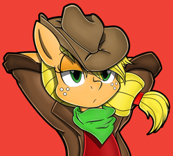 Size: 1500x1347 | Tagged: safe, artist:flam3zero, applejack, earth pony, pony, bandana, clothes, jacket, neckerchief, solo, style emulation, unamused, yuji uekawa style