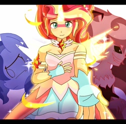 Size: 1024x1012 | Tagged: safe, artist:erufi, sunset satan, sunset shimmer, human, pony, equestria girls, artificial wings, augmented, clothes, daydream shimmer, dress, gloves, looking at you, magic, magic wings, ponied up, wings