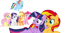 Size: 6000x3129 | Tagged: safe, artist:pilot231, derpibooru import, applejack, fluttershy, pinkie pie, rainbow dash, rarity, sunset shimmer, twilight sparkle, twilight sparkle (alicorn), alicorn, earth pony, pegasus, pony, unicorn, equestria girls (movie), canon, female, flying, horn, lying down, mane six, mare, open mouth, raised hoof, shocked, simple background, surprised, transparent background, vector, wings