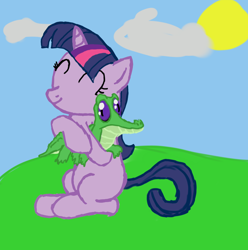 Size: 782x788 | Tagged: safe, artist:sethprest, derpibooru import, gummy, twilight sparkle, eyes closed, hug, sitting, smiling