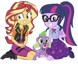 Size: 1029x851 | Tagged: safe, artist:php77, editor:php77, sci-twi, spike, spike the regular dog, sunset shimmer, twilight sparkle, dog, better together, equestria girls, boots, clothes, female, geode of empathy, geode of telekinesis, glasses, jacket, paws, ponytail, puppy, shoes, simple background, smiling, transparent background