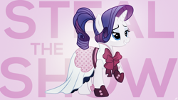 Size: 1920x1080 | Tagged: safe, artist:jave-the-13, artist:kooner-cz, rarity, pony, unicorn, alternate hairstyle, bedroom eyes, bow, clothes, dress, female, mare, ponytail, raised hoof, shoes, simple background, solo, text, vector, wallpaper