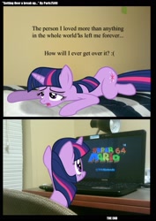 Size: 1696x2400 | Tagged: safe, artist:paris7500, derpibooru import, twilight sparkle, bed, chair, comic, computer, desk, irl, lamp, laptop computer, photo, ponies in real life, rom, super mario 64, vector