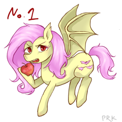 Size: 600x600 | Tagged: safe, artist:prk, fluttershy, apple, flutterbat, pixiv, solo