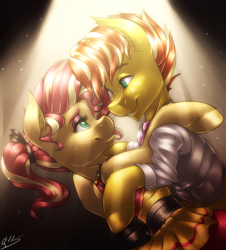 Size: 3781x4186 | Tagged: safe, artist:drizziedoodles, sunset shimmer, oc, oc:honey drizzle, alternate hairstyle, bow, canon x oc, clothes, dancing, dress, eye contact, eyeshadow, hair bow, hoof hold, looking at each other, loving gaze, makeup, necktie, shipping, shirt, smiling, sunnydrizzle, vest