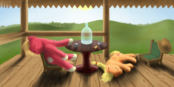 Size: 1000x500 | Tagged: safe, artist:lemurkatta, applejack, big macintosh, earth pony, pony, drunk, drunk aj, fluffy, male, moonshine, passed out, stallion, table, veranda