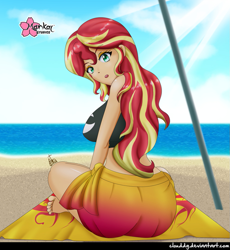 Size: 921x1000 | Tagged: safe, alternate version, artist:clouddg, sunset shimmer, equestria girls, ass, barefoot, beach, beach babe, big breasts, breasts, bunset shimmer, clothes, crepuscular rays, crossed legs, feet, female, human coloration, looking back, midriff, ocean, open mouth, sand, signature, solo, sunset jiggler, swimsuit, towel