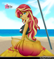Size: 921x1000 | Tagged: safe, artist:clouddg, sunset shimmer, better together, equestria girls, ass, barefoot, beach, beach babe, beach towel, big breasts, breasts, bunset shimmer, clothes, crepuscular rays, crossed legs, feet, female, hot, looking at you, looking back, midriff, ocean, open mouth, sand, sexy, signature, solo, sunset jiggler, swimsuit, towel