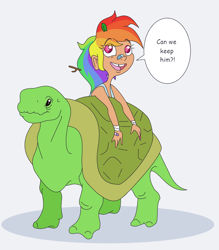 Size: 1868x2132 | Tagged: safe, artist:smirk, derpibooru import, rainbow dash, tank, human, tortoise, age regression, bandaid, child, galapagos tortoise, giant tortoise, humanized, ms paint, ponytail, simple background, speech bubble