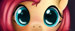 Size: 2000x832 | Tagged: safe, artist:muffinexplosion, fluttershy, pegasus, pony, close-up, creepy, eyes, solo, stare