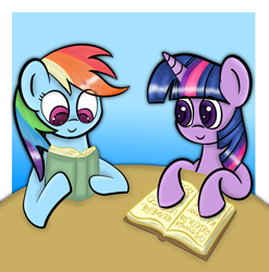 Size: 3096x3132 | Tagged: safe, artist:asymmetricalknot, derpibooru import, rainbow dash, twilight sparkle, pegasus, pony, book, female, lesbian, mare, reading, shipping, twidash