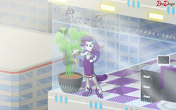 Size: 1800x1124 | Tagged: safe, artist:brodogz, rarity, equestria girls, building, cigarette, cigarette holder, city, clothes, computer, desk, equestrian city, high heels, office, pantyhose, plant, potted plant, shoes, skirt, smoking, solo, standing, window, woman