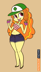 Size: 857x1500 | Tagged: safe, artist:khuzang, adagio dazzle, equestria girls, rainbow rocks, adagio dat-azzle, belly button, cap, clothes, female, fingerless gloves, gloves, hat, inner workings, midriff, open mouth, sandals, shorts, simple background, smiling, solo, sports bra, tanktop, wide hips