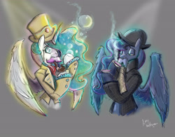 Size: 4200x3300 | Tagged: safe, artist:mad--munchkin, princess celestia, princess luna, alicorn, pony, bipedal, bowler hat, bubble, bubble pipe, classy, clothes, hat, moustache, spread wings, suit, tea, teacup, top hat