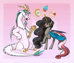 Size: 1280x1084 | Tagged: dead source, safe, artist:mn27, artist:mnii7, discord, princess celestia, alicorn, draconequus, pony, accessory swap, bedroom eyes, body swap, cake, cute, dislestia, eye contact, eye swap, female, frown, glare, levitation, magic, male, mare, open mouth, palette swap, personality swap, pink background, raised hoof, rule 63, shipping, simple background, sitting, smiling, species swap, straight, telekinesis