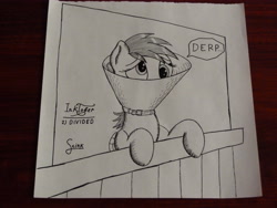 Size: 4320x3240 | Tagged: safe, artist:stink111, derpy hooves, elizabethan collar, female, inktober, monochrome, solo, traditional art