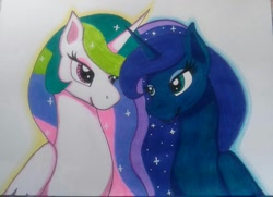 Size: 1239x897 | Tagged: safe, artist:shadow-nights, princess celestia, princess luna, alicorn, pony, duo, ethereal mane, female, folded wings, looking at each other, mare, paper, simple background, sisters, smiling, sparkly mane, starry mane, traditional art, white background, wings